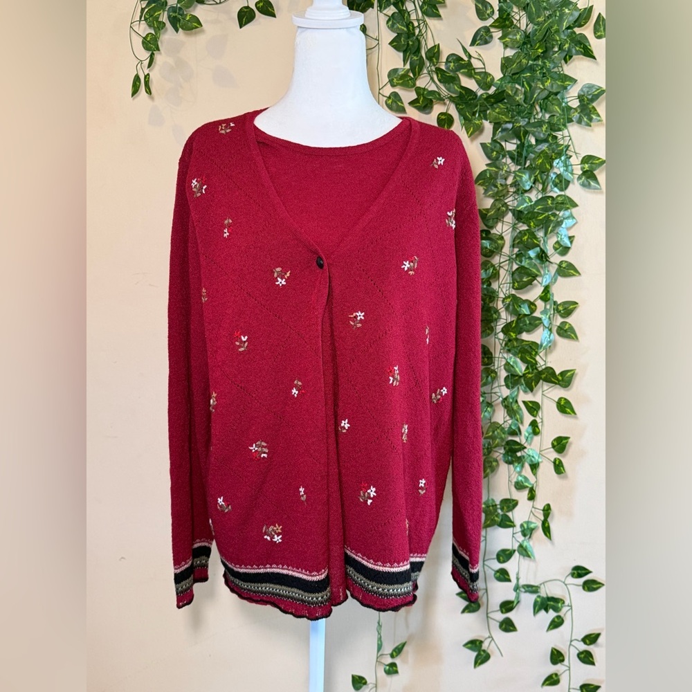 Koret Red Cardigan with Floral Embroidery